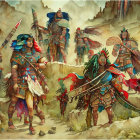 Three Armored Warriors with Fiery Sword in Mystical Setting