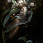 Woman adorned with flowers and vines in a pond with lotus flowers