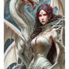 Fantasy woman in corseted gown with dragon companion