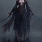 Woman in Gothic fantasy dress wields two swords in misty setting