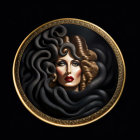 Stylized portrait of woman with serpentine hair in golden circular frame