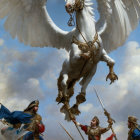 Majestic winged white horse and armored warriors in fantasy battle scene