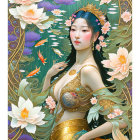 Ethereal woman in gold attire amidst vibrant floral scene