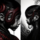 Stylized digital artwork: Two mirror-image portraits of a woman with red and black designs on face