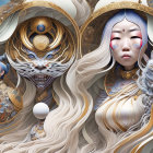 Digital artwork of woman with white hair in gold and blue headdresses with mythical lion-like creatures.