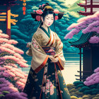 Traditional geisha illustration with cherry blossoms in snowy landscape