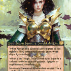 Futuristic female android with gold and black mechanical components and blue eyes surrounded by cryptic text.