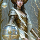 Regal female figure in golden armor with mystical backdrop and floating orbs