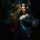 Woman in Teal Dress with Jewels, Golden Crown, & Starry Shawl