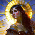 Woman with Halo and Classical Jewelry in Golden Sunset Sky