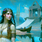 Fantasy digital art: stern-faced woman, pagoda, sailing ships