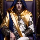 Regal figure in gold-trimmed cloak and ornate armor on throne