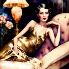 Glamorous woman in gold dress on couch with classic lamp and flowers