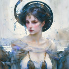 Dark-haired woman with gold halo and vessel in ethereal setting