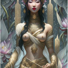 Ethereal fantasy figure in golden armor with white hair amid blooming flowers