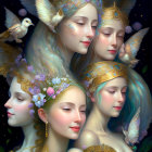 Four identical fantastical female figures with ornate crowns in a starry, dark background