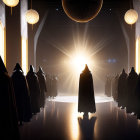 Group of figures in cloaks in grand hall with gothic architecture and circular window.