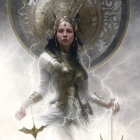 Regal woman in crown and armor with lightning backdrop.