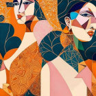 Vibrant abstract cubist painting of stylized women's faces