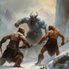 Viking warriors in fur and armor crossing snowy mountains
