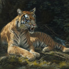 Tiger in Lush Greenery with White Flowers