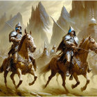 Armored knights on horseback with lance near ominous castle