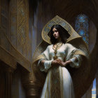 Ethereal figure in elegant robes with golden halo in gothic setting