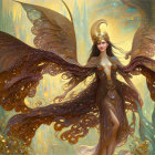 Majestic woman with brown wings and golden gown in cloudy setting