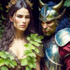 Fantasy characters with purple and green skin, elf-like ears, golden crowns, horns, red