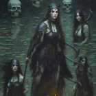 Women in fantasy armor with wolves in moonlit forest swamp