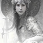 Monochrome picture of a Viking warrior woman with braided hair, helmet, armor, and shield