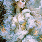 Ethereal woman with delicate features in blue, white, and gold patterns