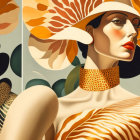 Stylized female figures with geometric headpieces in golden and beige palette