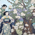 Japanese traditional art: Three figures in historical attire with Mount Fuji and cherry blossoms.