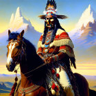 Native American Chief on Horseback with Mountain Background