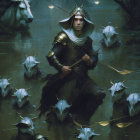 Colonial figure in swamp with submerged beings and wizard.