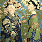 Two women in classical attire with headdresses in front of water lilies.