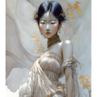 Digital art: Elegant woman in modern Asian attire with white and peach blossoms.