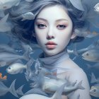 Woman in underwater scene with fish, blue tones, detailed makeup, metallic collar