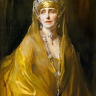 Detailed illustration of a serene woman in textured cap and golden robe