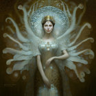 Ethereal woman in golden dress with swirling aura and regal elegance