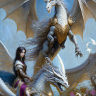 White dragon and armored woman on horseback in awe-inspiring scene.