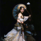 Vintage lady painting in elegant dress with parasol and flower against dark backdrop