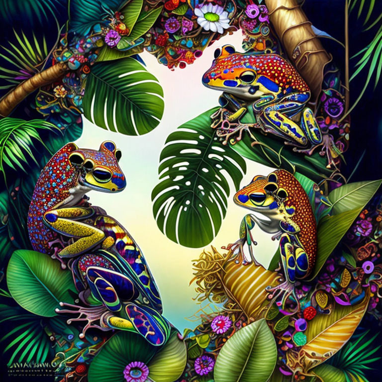 Colorful Frogs on Foliage with Floral Patterns on Dark Background