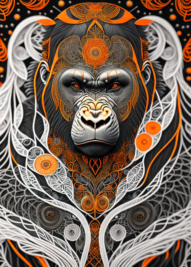 Detailed Gorilla Illustration with Mandala Motifs in Orange, Black, and White