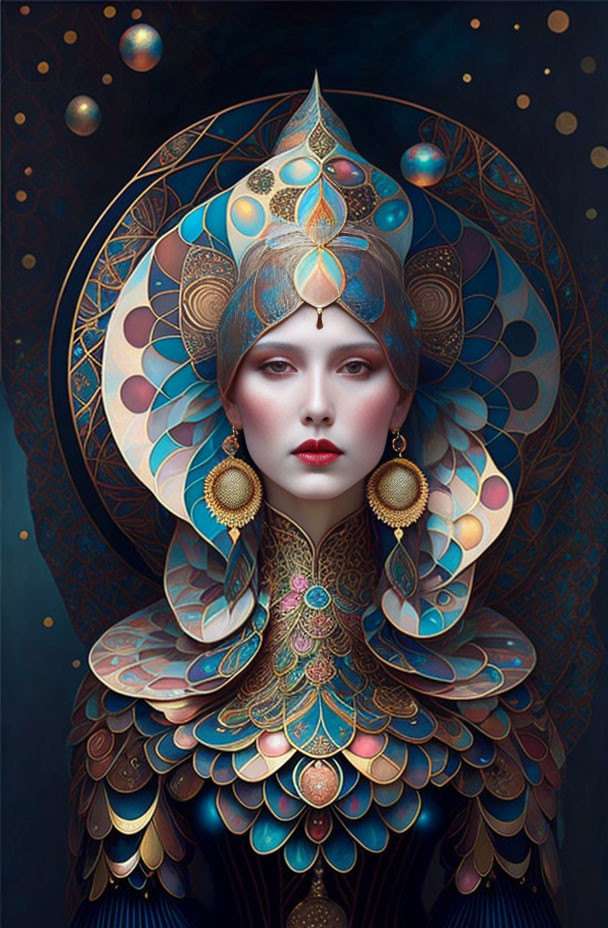 Ethereal portrait of a woman with decorative headdress and ornate earrings in art nouveau and fantasy