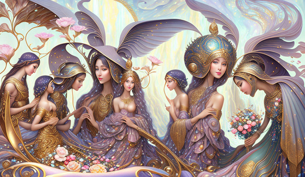 Ethereal beings in golden and purple attire with floral backdrop