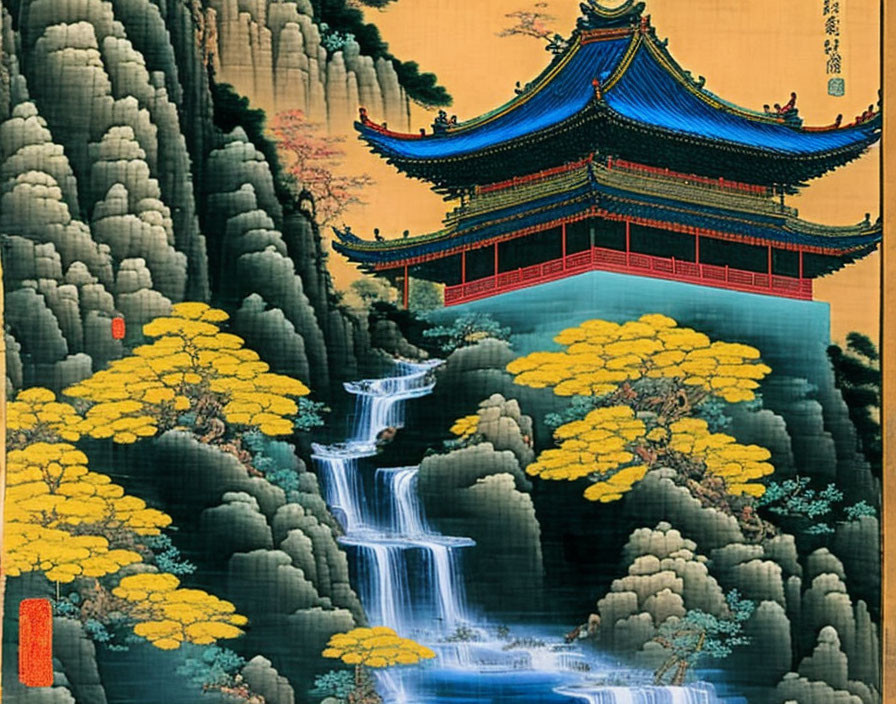 Traditional Asian painting: Cascading waterfall, lush trees, red-roofed pagoda