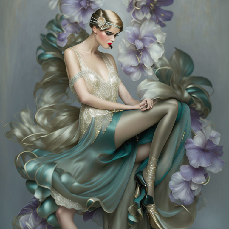 1920s style woman digital art with sequined dress and headband among purple flowers