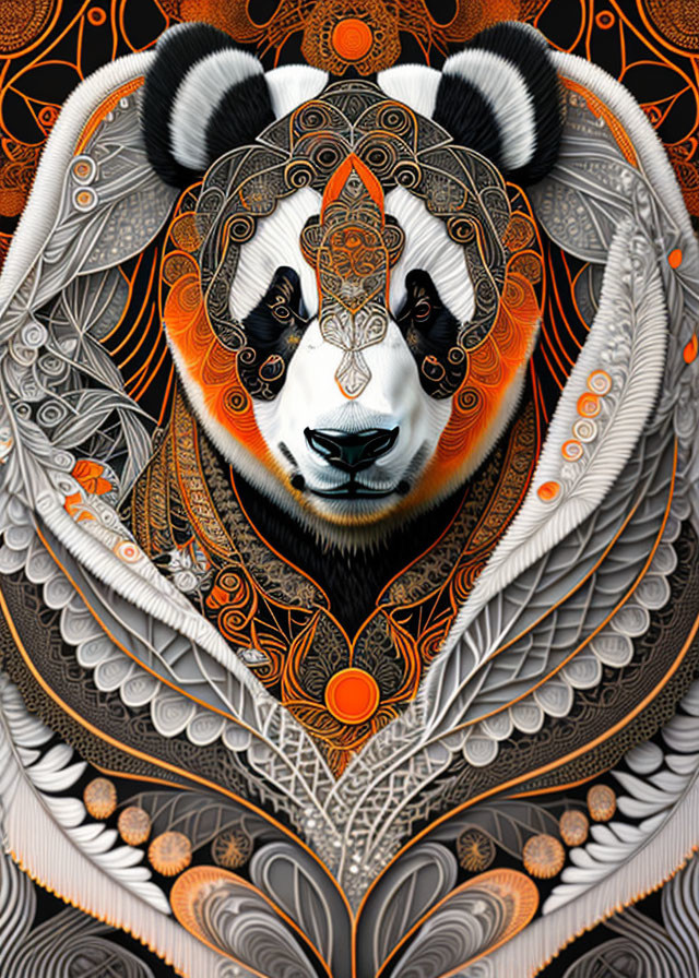 Stylized panda art with ornate patterns in orange, black, and grey